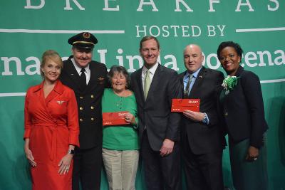  (L-R) Kim Elkins of Delta, Bob Clifford, First Officer, winner Gerri Munroe, Delta’s Charlie Schewe, winner Michael Duffy, and Senator Linda Dorcena Forry.