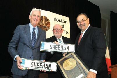 Boston Globe CEO Michael Sheehan, Boston Irish Reporter publisher Ed Forry and Bill Kennedy, who introduced Sheehan.